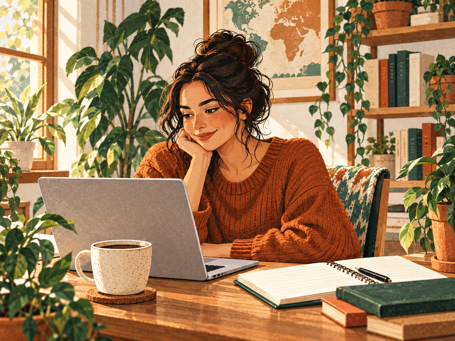 An online English teacher working at her laptop, with lesson notes and a cup of coffee.